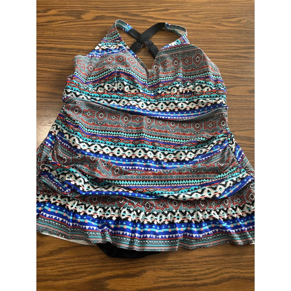 New Directions blue black orange white one piece bathing suit size 2X NWT
